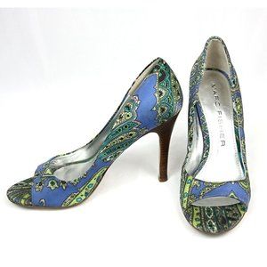 Marc Fisher Paisley Satin Open Toe Heels Pumps Stilettos Blue Green Slip On - 6